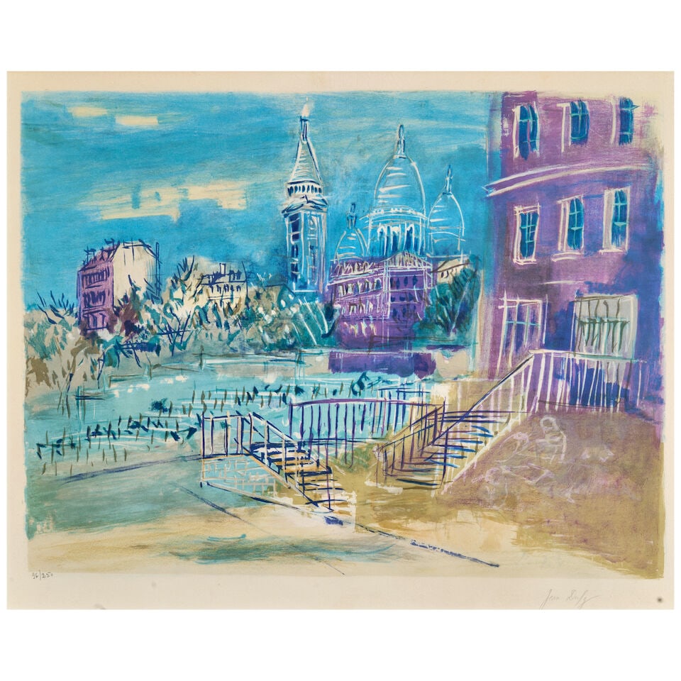 Jean Dufy (1888-1964); Montmartre et Sacré Coeur;: Jean Dufy (1888-1964) Montmartre et Sacré Coeur, c. 1950 Lithograph in colors on Arches paper, signed in pencil and numbered 96/250, with the blinstamp of the publisher, Guilde de la Gravure, Par