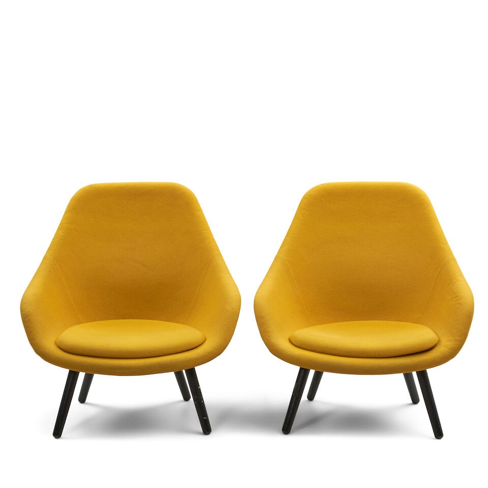Hee Welling (Born 1974) For Hay Pair Of Aal 82 Soft Chairs, Horsens, Denmark, designed 2010, woo...: Hee Welling (Born 1974) For Hay Pair Of Aal 82 Soft Chairs, Horsens, Denmark, designed 2010, wool upholstery, black-lacquered oak, polyurethane foam, unmarked, ht. 38 1/2, seat ht. 15 1/2, dp. 23 1/2,