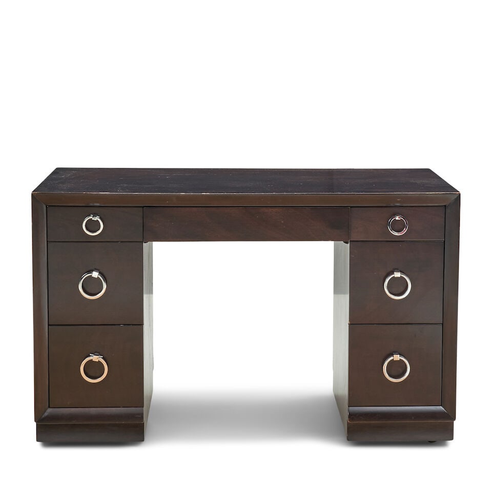 T.h. Robsjohn-gibbings (1905-1976) For Widdicomb Mid-century Modern Desk， Grand Rapids, M...: T.h. Robsjohn-gibbings (1905-1976) For Widdicomb Mid-century Modern Desk， Grand Rapids, Michigan, circa 1955, mahogany, oak secondary wood, chromed brass pulls, paper label 'modern original Wid