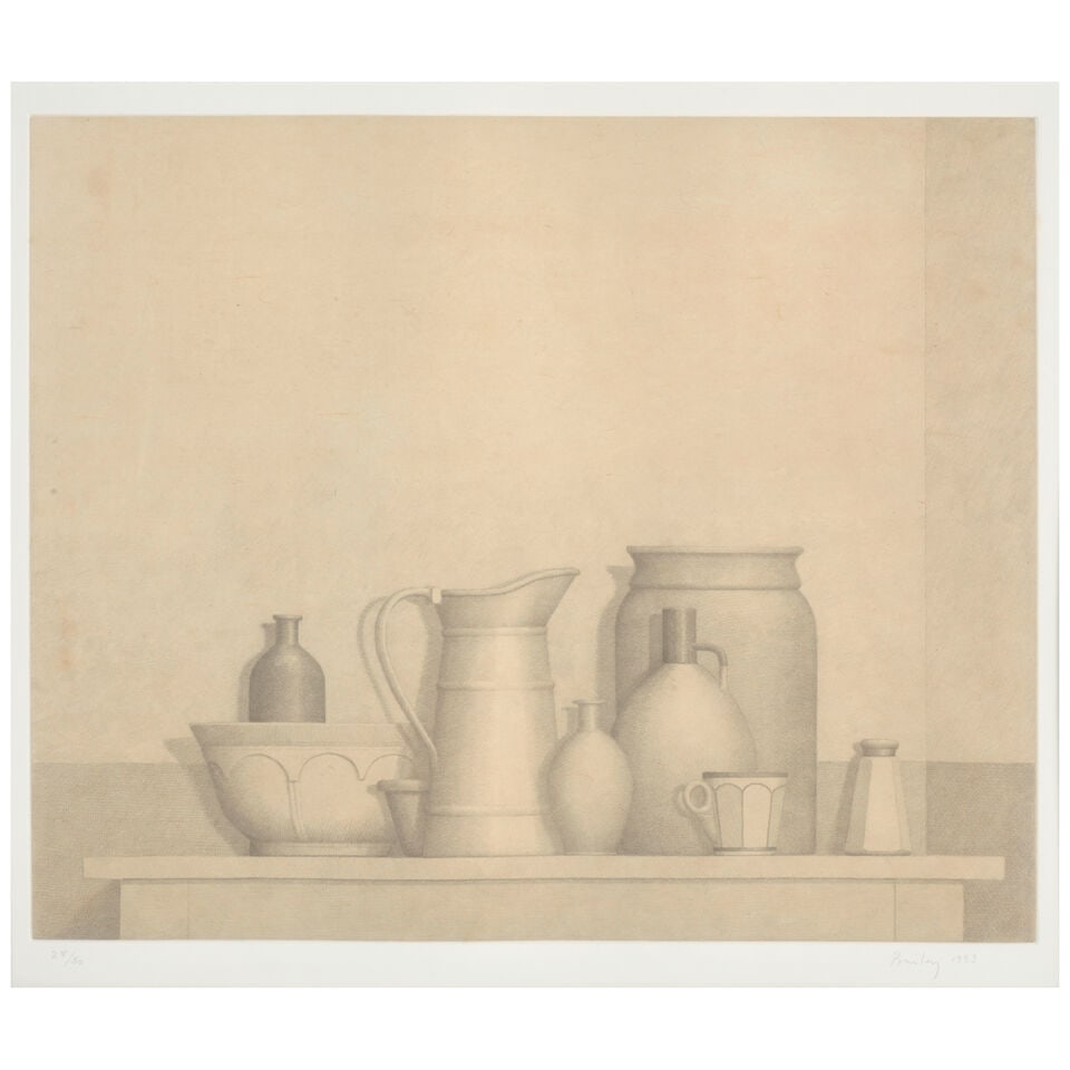 William H. Bailey (1930-2020); Still Life 1;: William H. Bailey (1930-2020) Still Life 1, 1993 Etching on chine collé with wove paper support, signed in pencil, dated and numbered 28/50, with margins, framed. plate 17 7/8 x 21 3/4in (45.4 x 