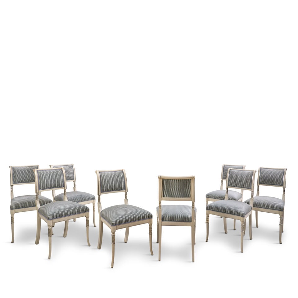 Suite of Eight Modern Regency-style Cream-painted and Silvered Dining Chairs, - 2