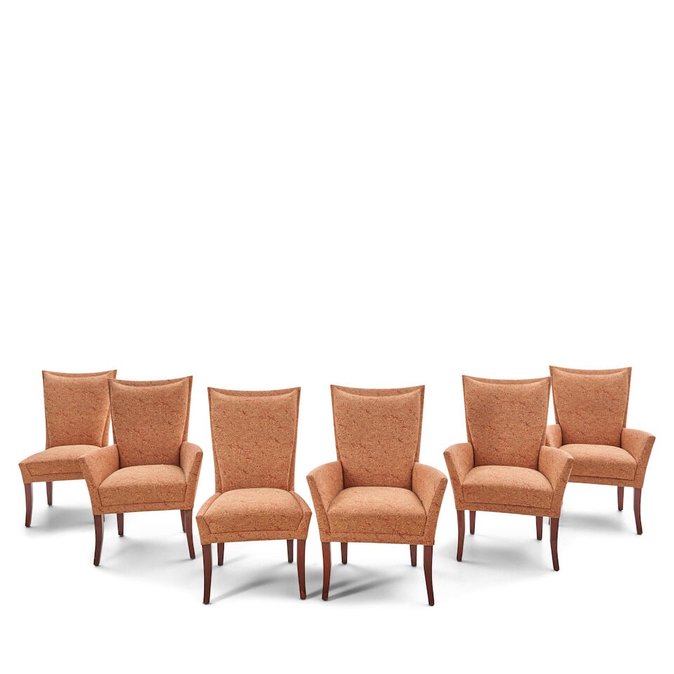 Six Contemporary Custom Upholstered Dining Chairs,: Six Contemporary Custom Upholstered Dining Chairs, comprising four armchairs and two side chairs, each with shaped tall back, and square tapering legs, ht. 40, wd. to 27 1/2, dp. 21, seat ht. 18 in. L