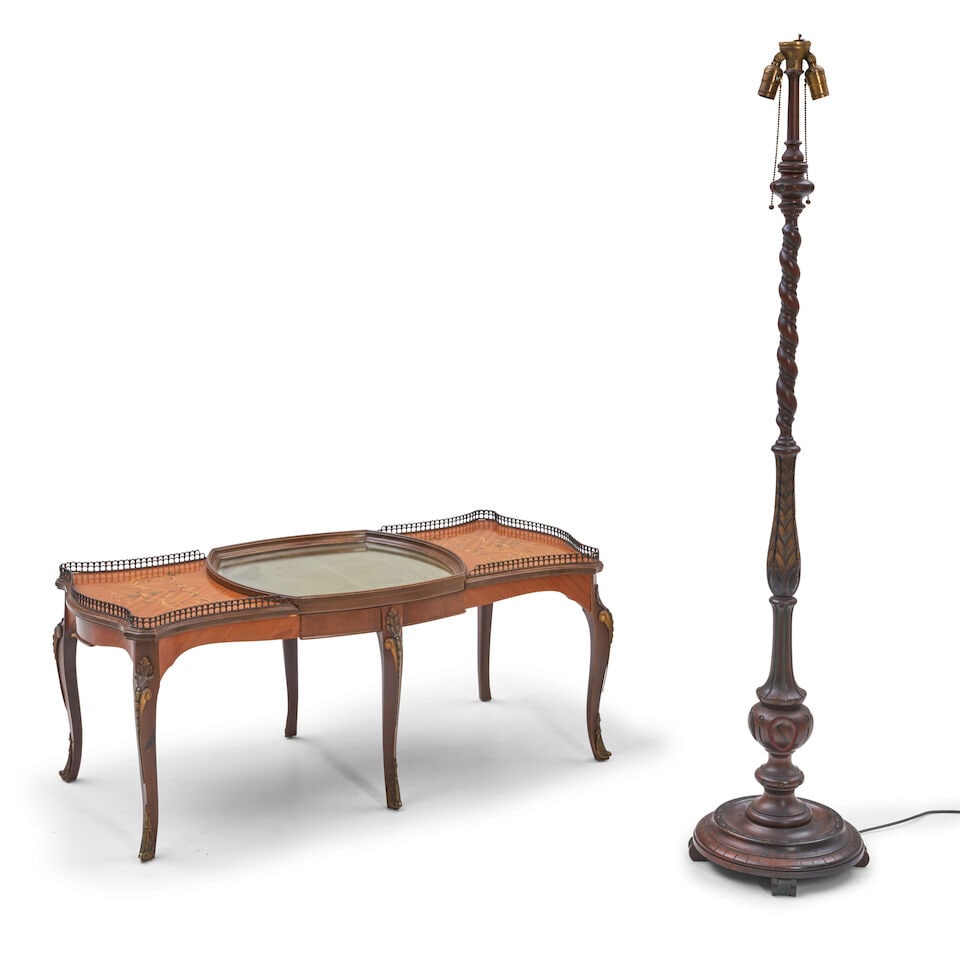 Louis XV-style Mahogany, Marquetry, and Mirrored Coffee Table and Carved Wood Floor Lamp, 19th/2...: Louis XV-style Mahogany, Marquetry, and Mirrored Coffee Table and Carved Wood Floor Lamp, 19th/20th century, the coffee table with a shaped inset mirror flanked by floral marquetry panels and pierced 