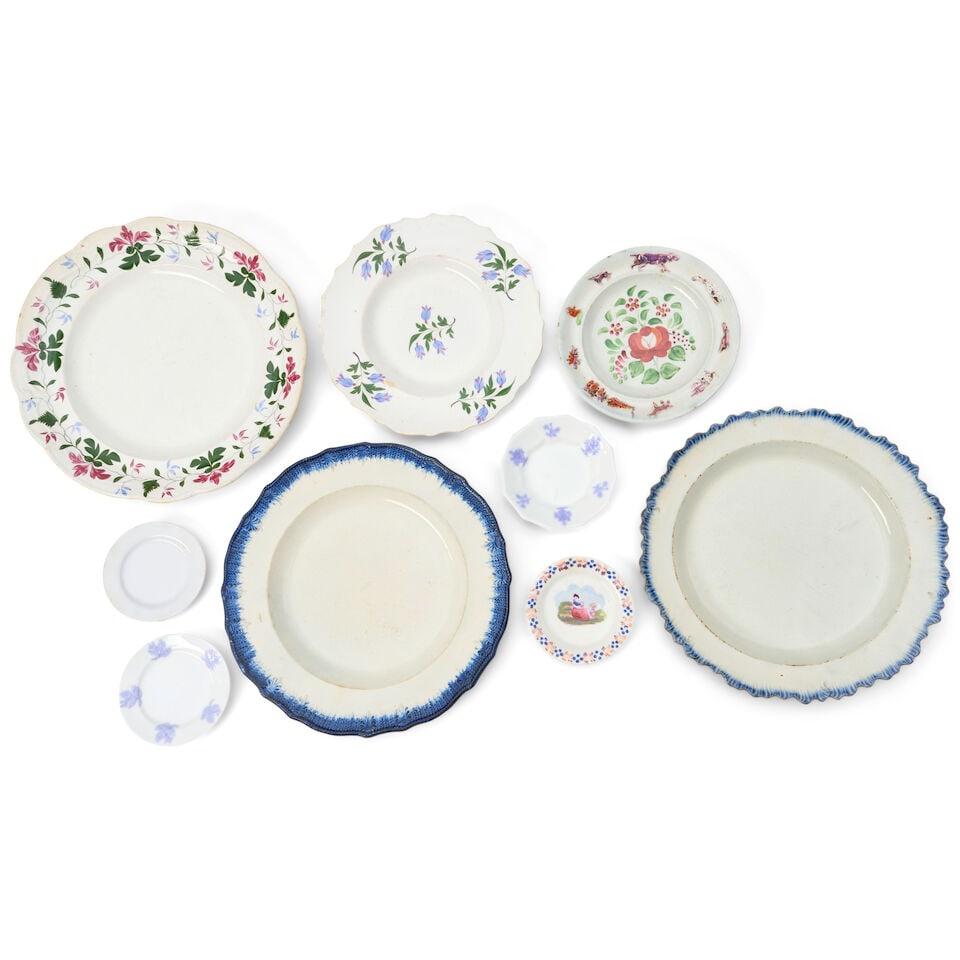 Five Glazed and Enamel-painted Plates and Four Cup Plates, England, 19th century, (1 of 1)