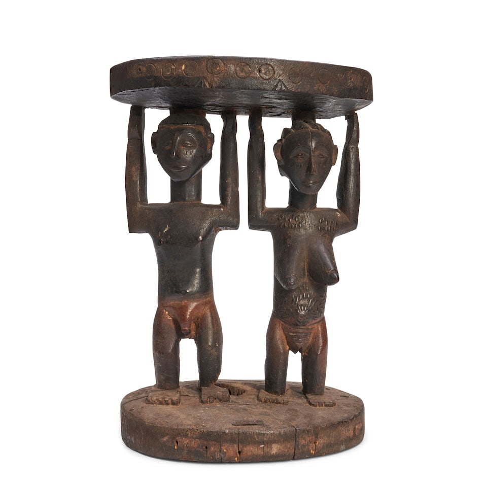 Congo Carved Wood Stool With Twin Fiture Supports, Democratic Republic of the Congo, (1 of 2)