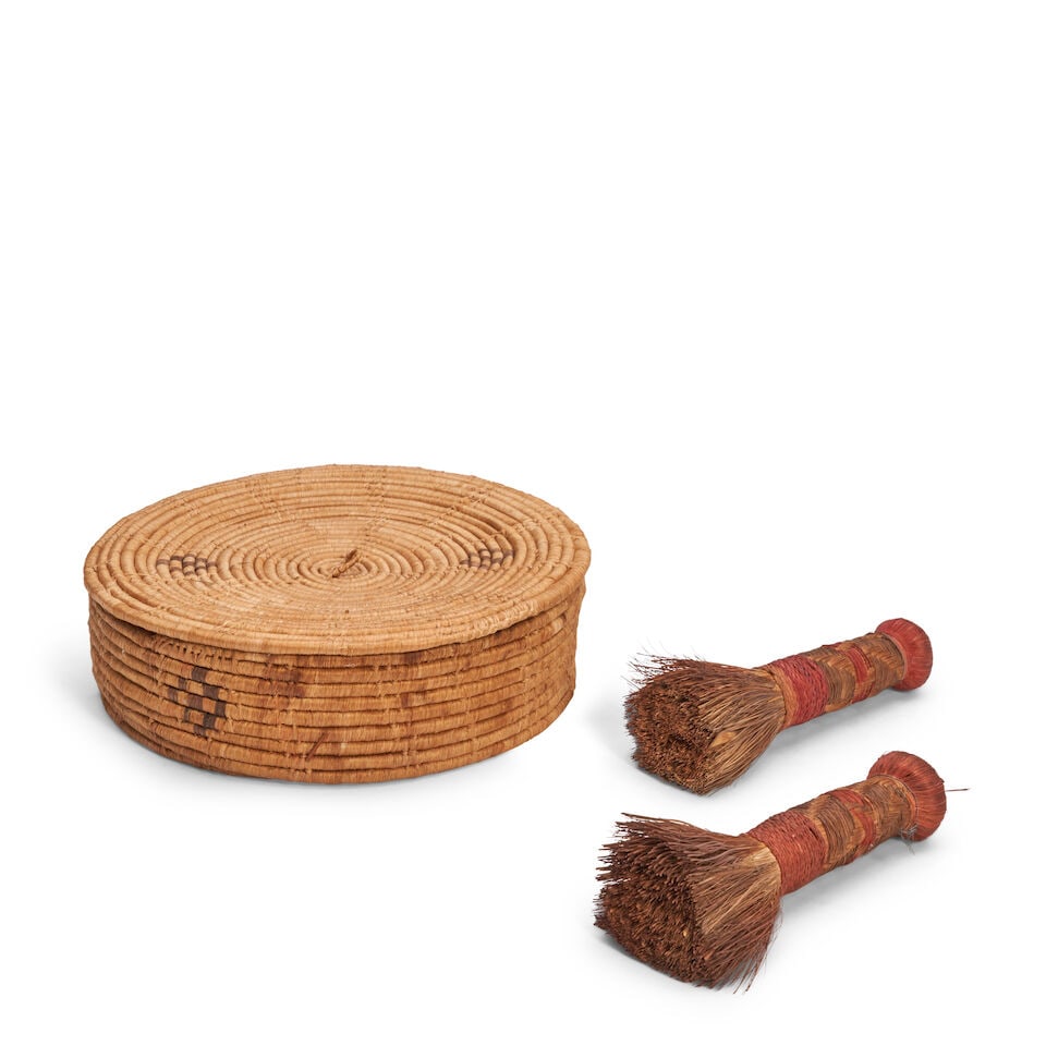 A Havu Lidded Basket And Two Small Hand Brooms, (1 of 2)
