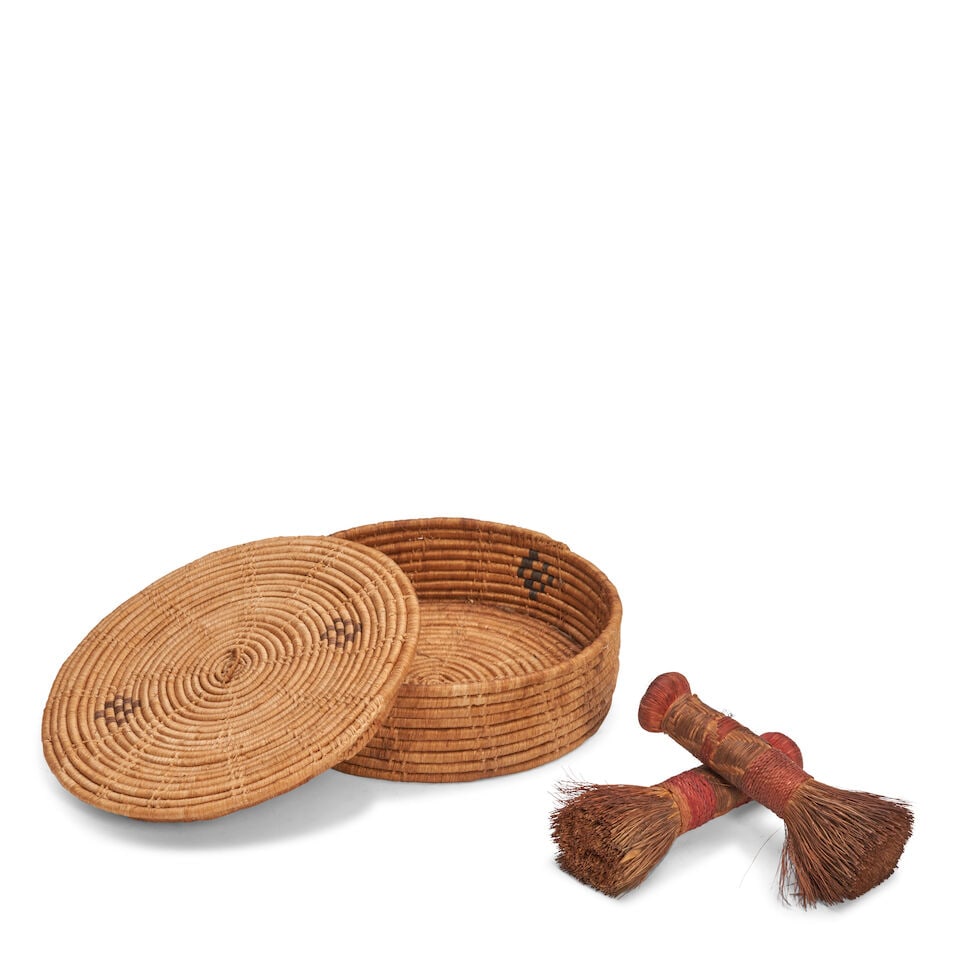 A Havu Lidded Basket And Two Small Hand Brooms, - 2