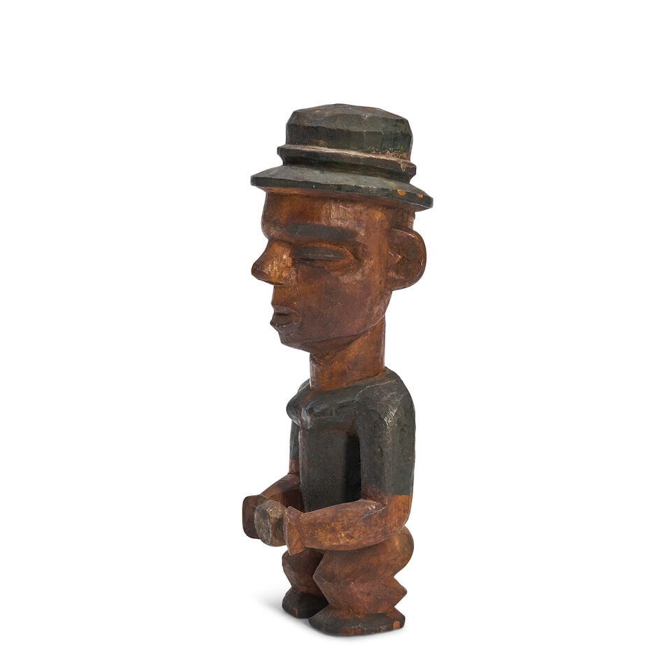 A Small Nigerian Carved And Painted Wood Figure Wearing A Hat, - 2