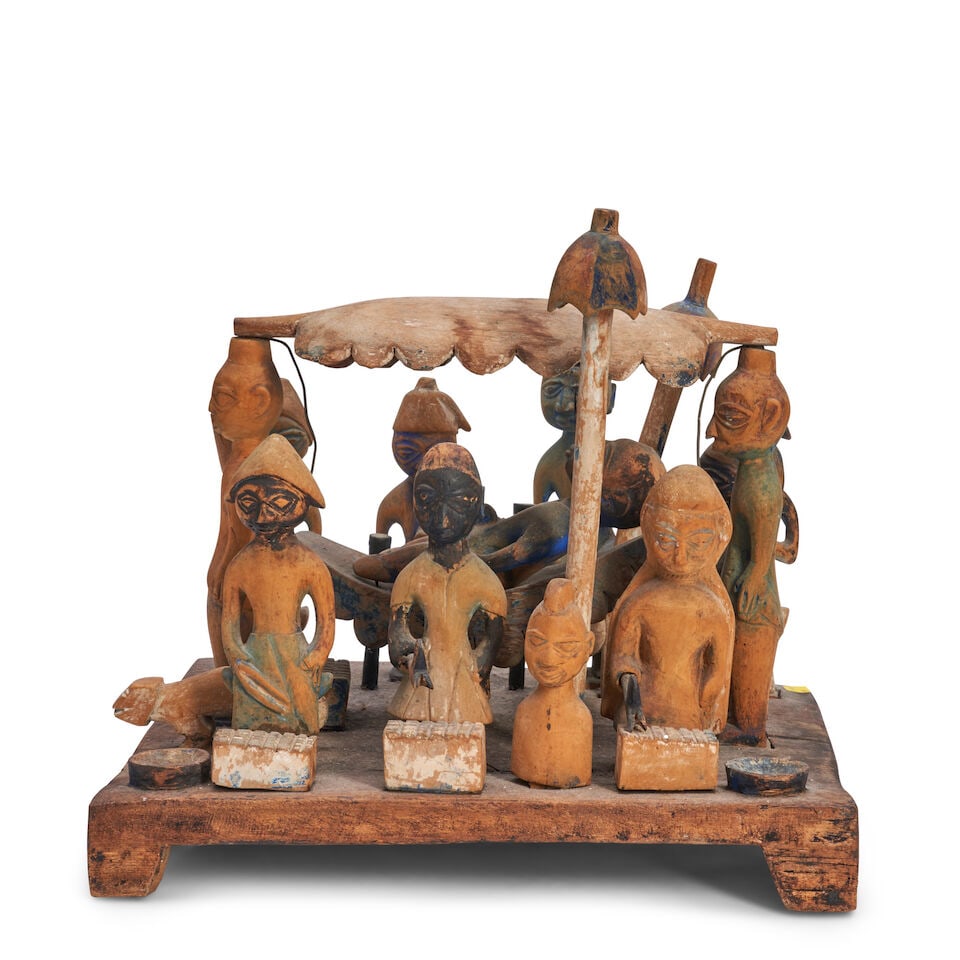 African Carved Wood Funerary Scene With Group Of Figures, (1 of 2)