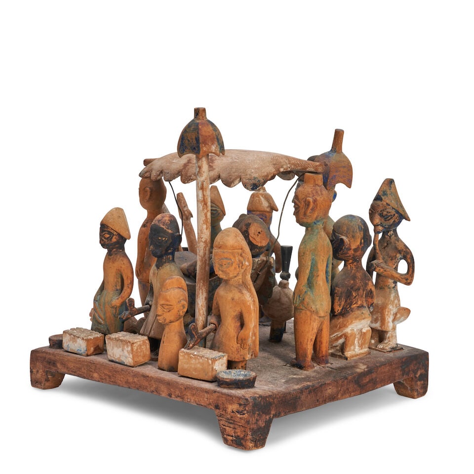 African Carved Wood Funerary Scene With Group Of Figures, - 2