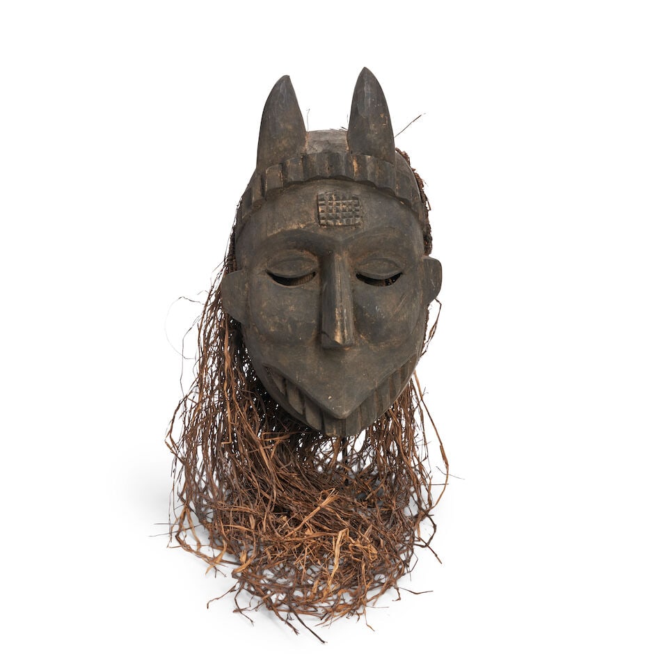 Ibibio Carved Wood Mask With Raffia Beard, (1 of 2)