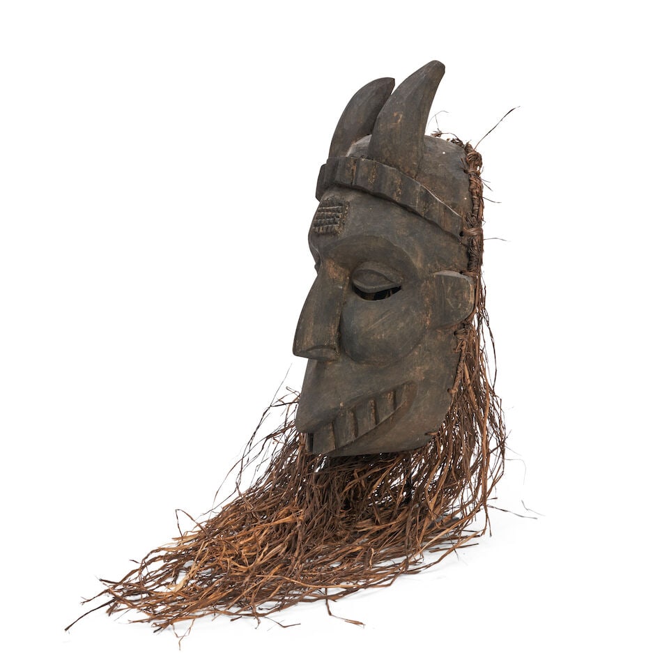 Ibibio Carved Wood Mask With Raffia Beard, - 2