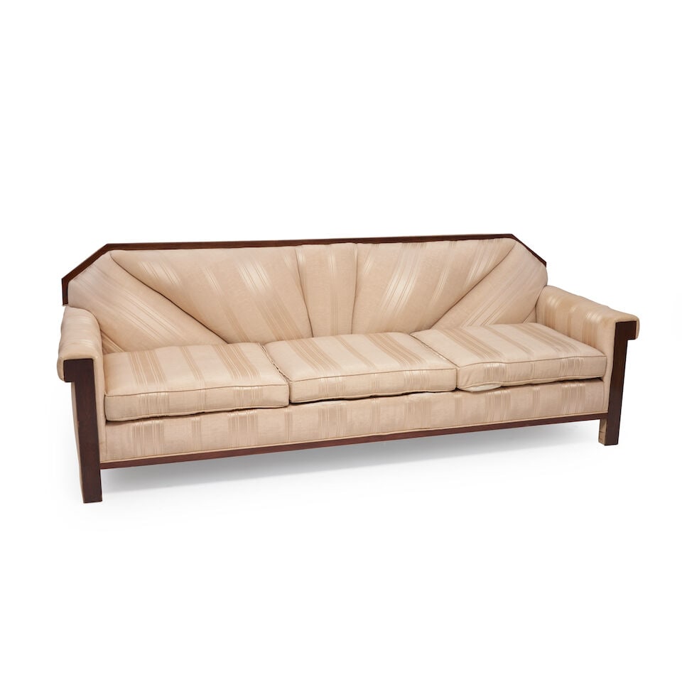 Art Deco-style Sofa, United States, late 20th century, mahogany, mahogany veneer, and upholster... (1 of 1)