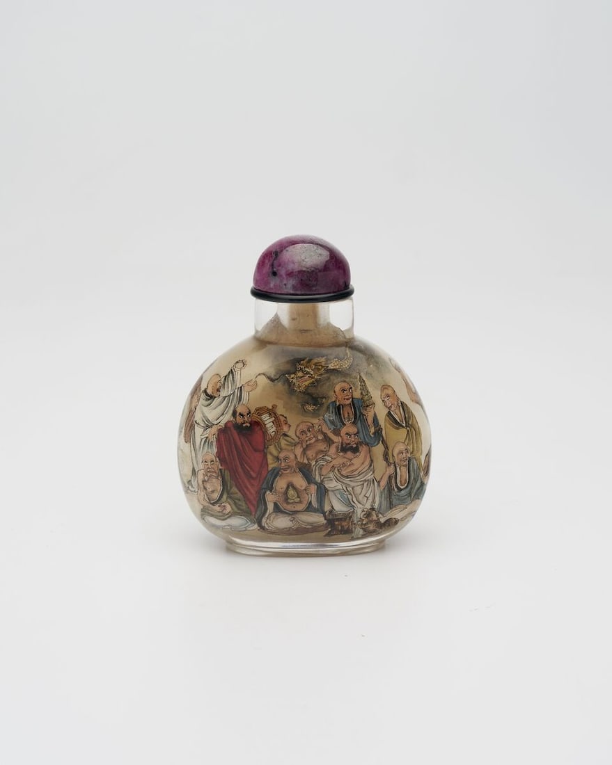 AN INSIDE PAINTED GLASS 'EIGHTEEN LUOHAN' SNUFF BOTTLE Signed Liu Shouben (b.1943), 1979 - 3