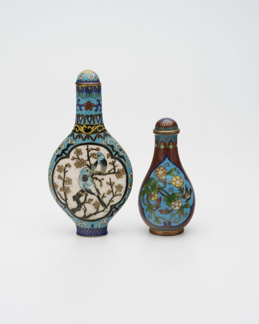 TWO CLOISONNÉ SNUFF BOTTLES One with Qianlong four-character mark, 20th century (2) (1 of 17)