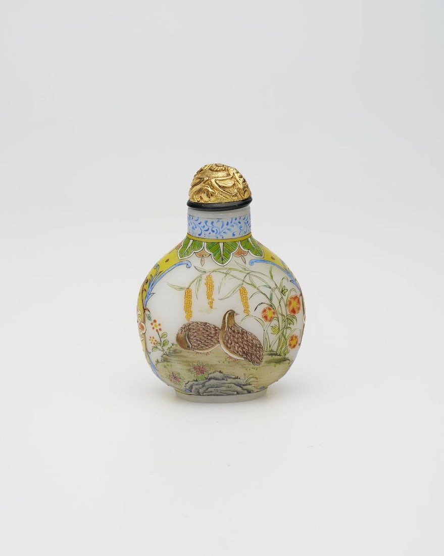 AN ENAMELLED MILKY GLASS 'MAGPIE AND QUAIL' SNUFF BOTTLE Qianlong four-character mark, Republic ... - 2