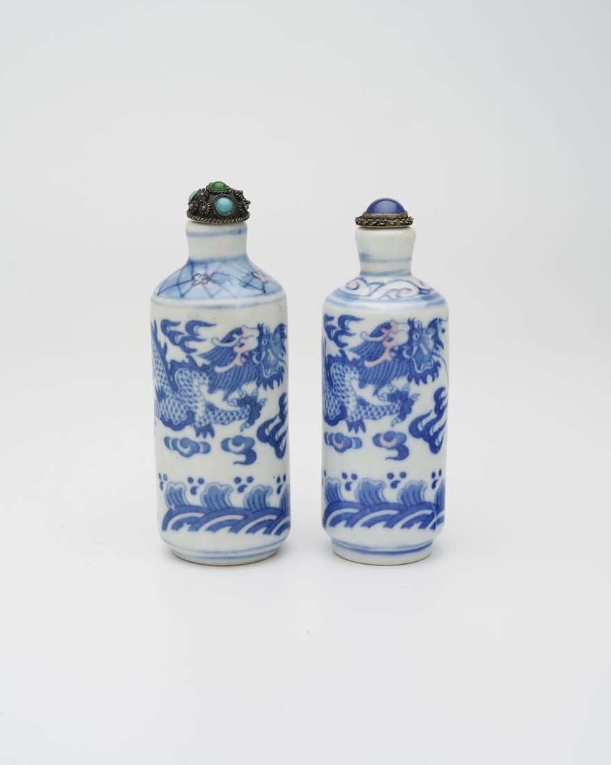 TWO UNDERGLAZE-BLUE AND COPPER-RED SNUFF BOTTLES Kangxi and Qianlong marks, mid 20th century (2) (1 of 16)