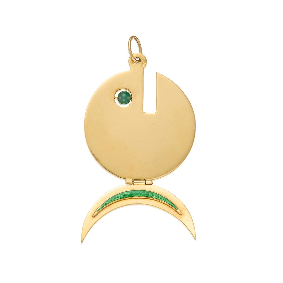 18K YELLOW GOLD, CHALCEDONY, AND ENAMAL PENDANT - 2