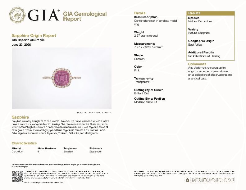 14K ROSE GOLD, 'NO HEAT' SAPPHIRE, AND DIAMOND RING WITH GIA REPORT - 3