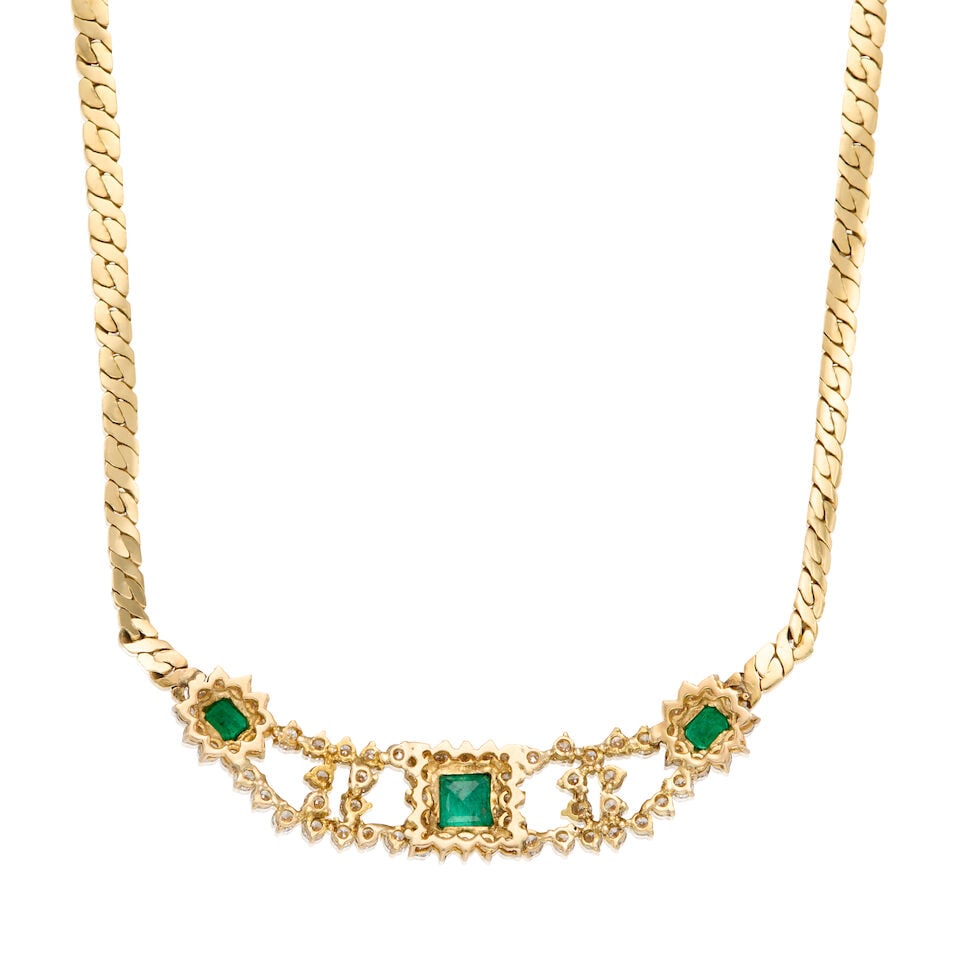 14K YELLOW GOLD, EMERALD, AND DIAMOND NECKLACE - 2