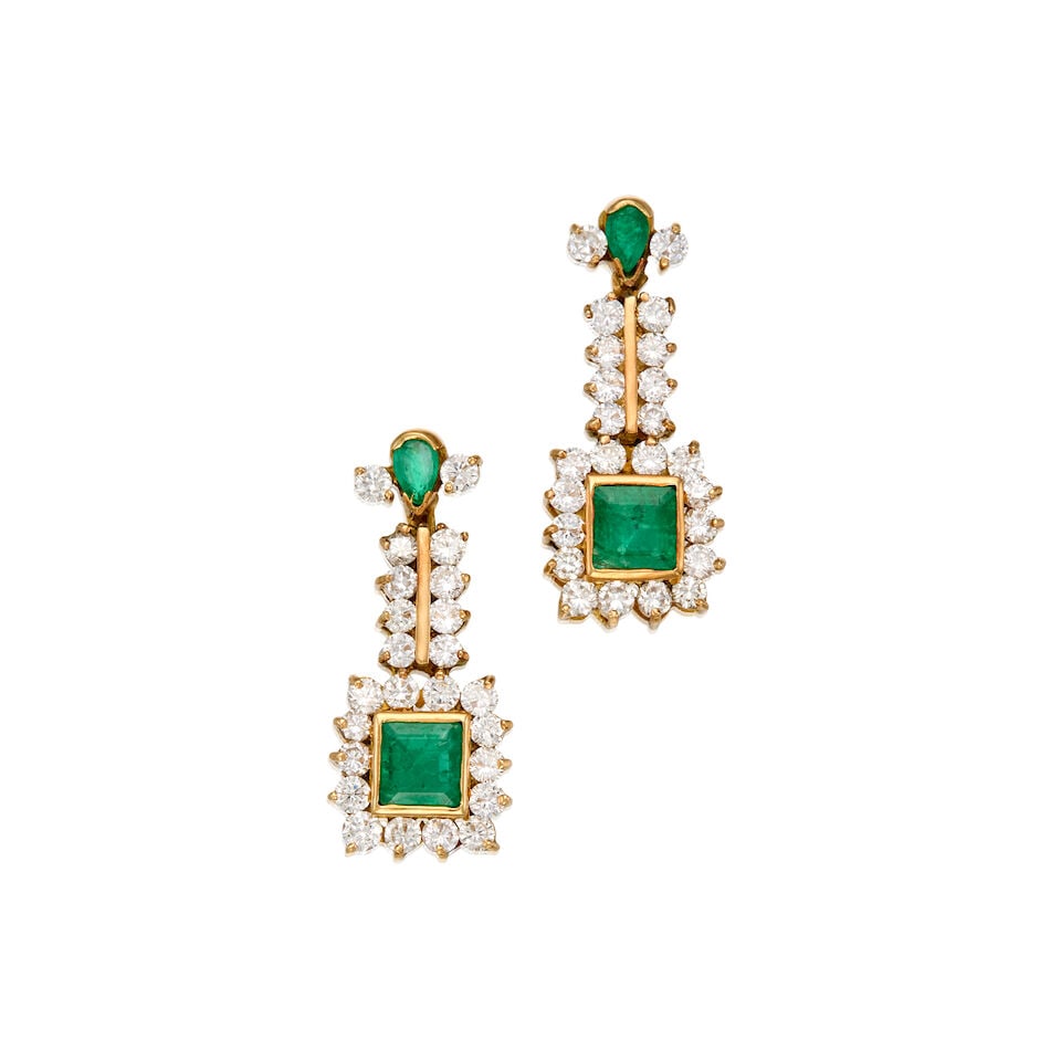 15K YELLOW GOLD, EMERALD, AND DIAMOND EARRINGS: 15K YELLOW GOLD, EMERALD, AND DIAMOND EARRINGS • Two square shaped emeralds weighing approximately 1.45 carats total • Two pear shaped emeralds weighing approximately 0.40 carat