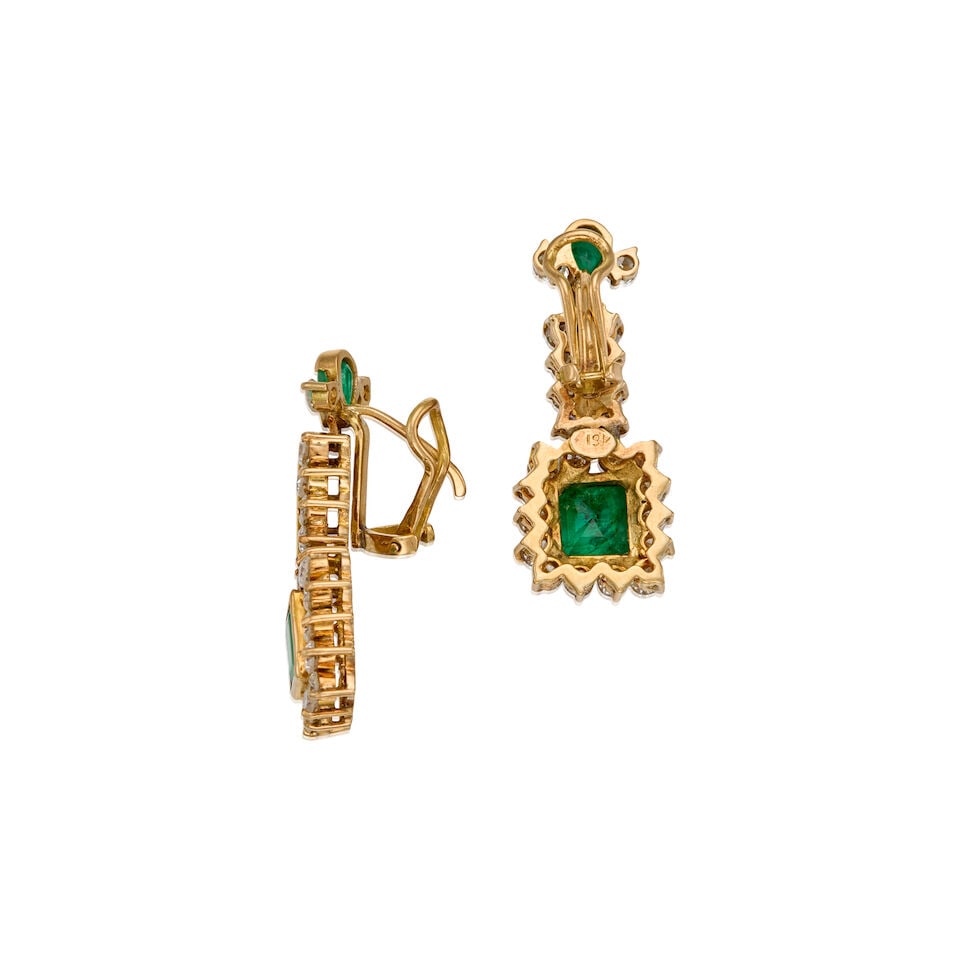 15K YELLOW GOLD, EMERALD, AND DIAMOND EARRINGS - 2