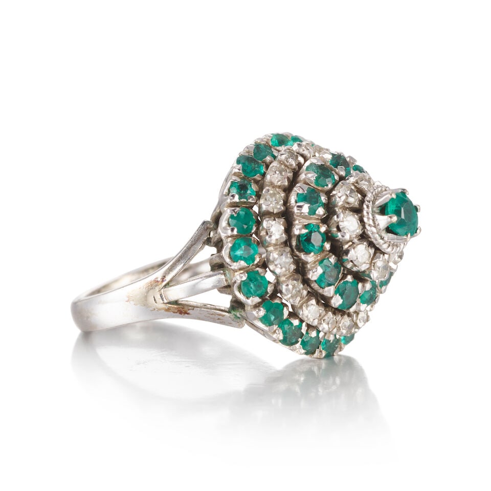 LOW KARAT GOLD TOPPED SILVER, EMERALD AND DIAMOND RING - 2