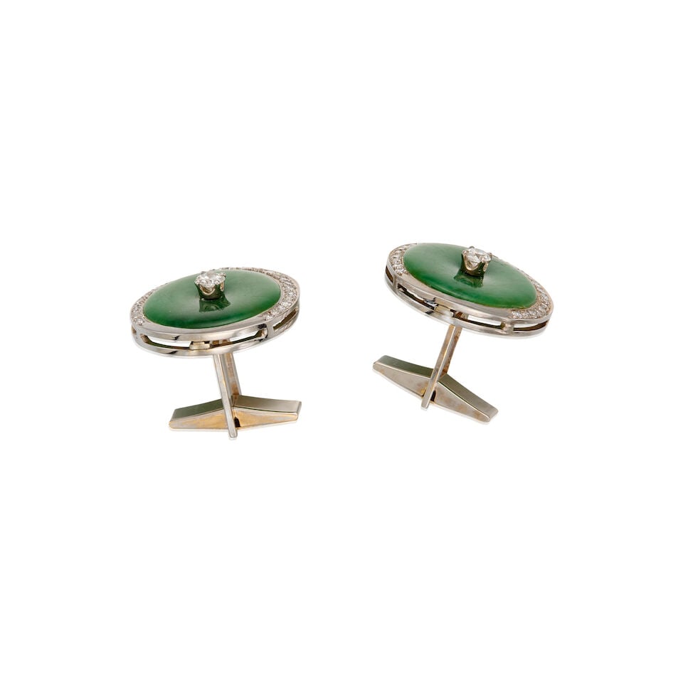 14K WHITE GOLD, JADE, AND DIAMOND CUFFLINKS - 2