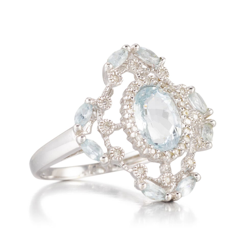 14K WHITE GOLD, AQUAMARINE AND DIAMOND RING - 2