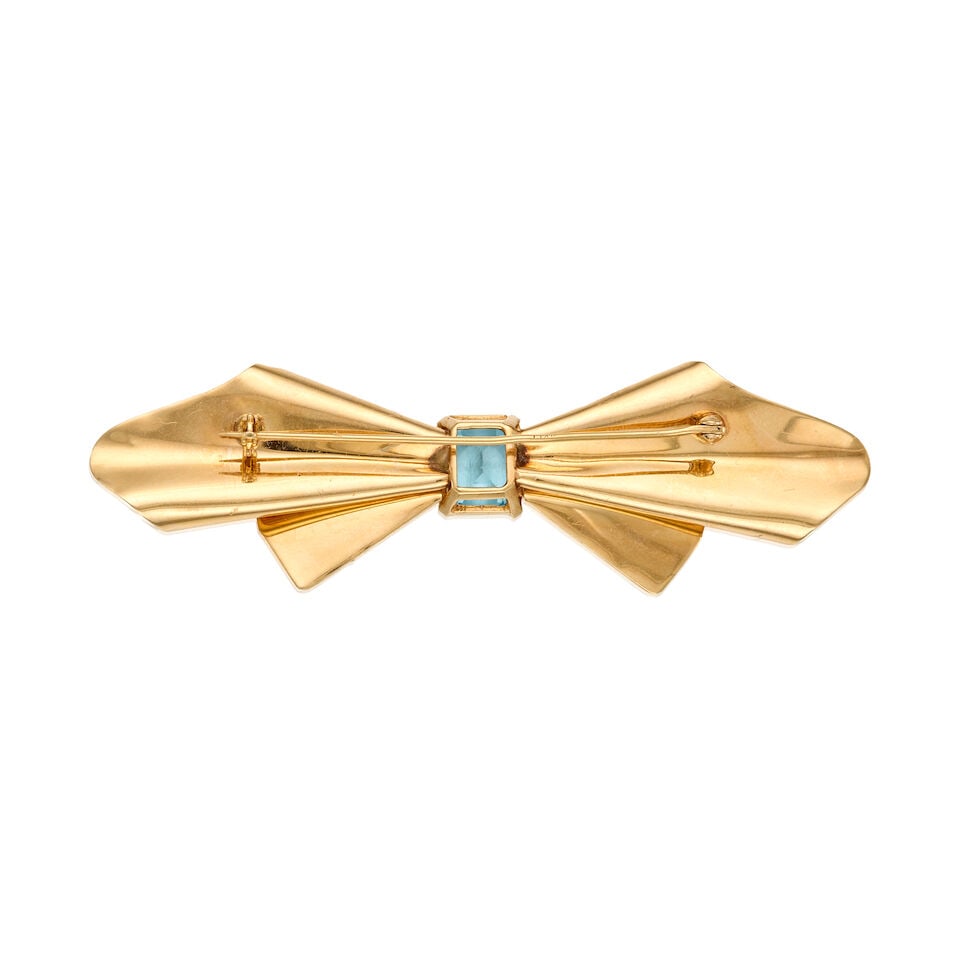 14K YELLOW GOLD, AQUAMARINE, AND DIAMOND BROOCH - 2