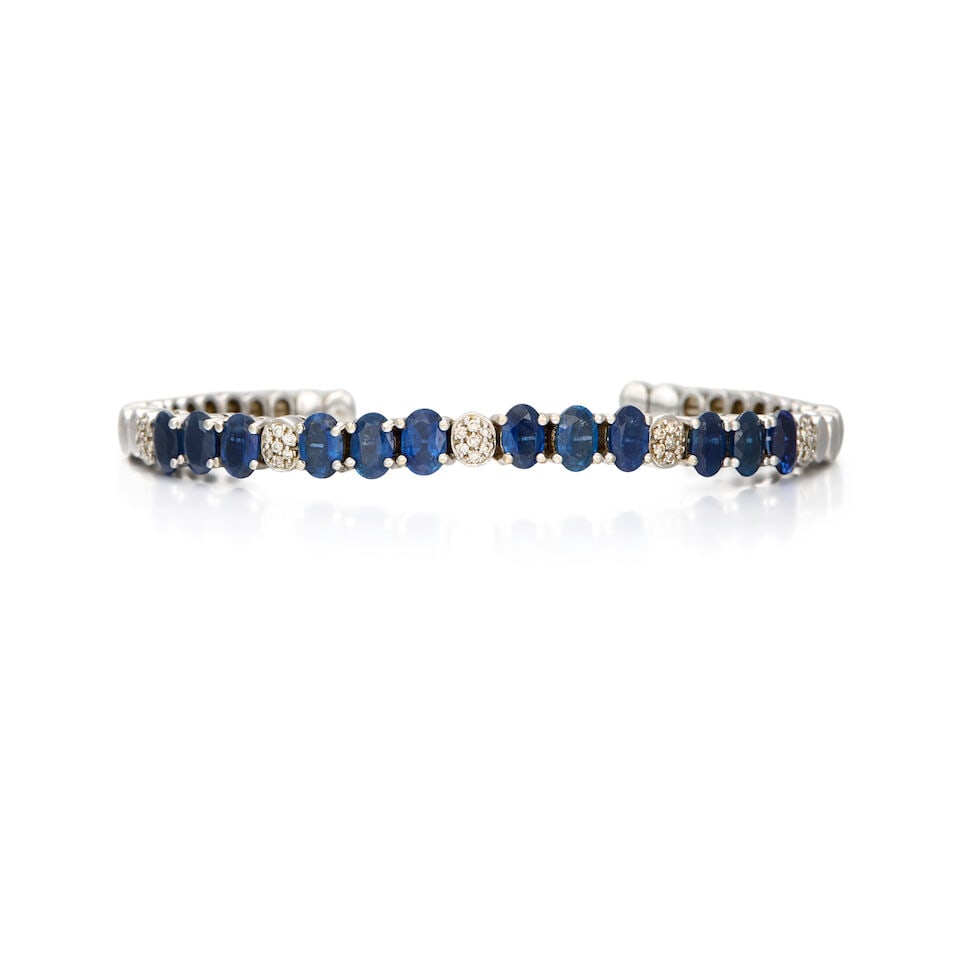 14K WHITE GOLD, SAPPHIRE AND DIAMOND CUFF BRACELET - 2