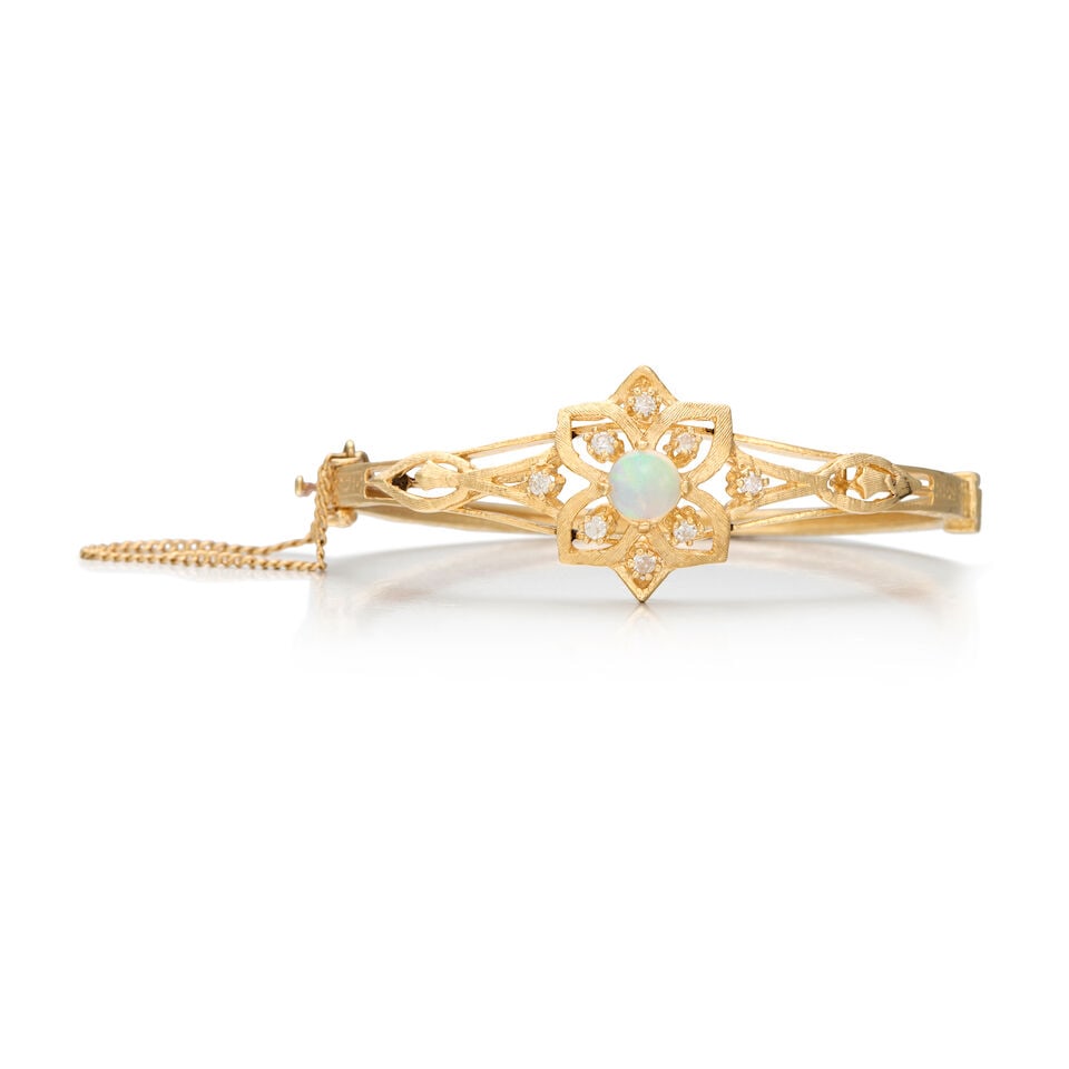 14K YELLOW GOLD, OPAL, AND DIAMOND BANGLE - 2