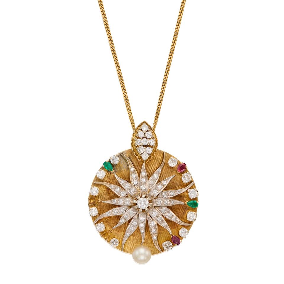 A GOLD, GEMSET, AND DIAMOND PENDANT NECKLACE (1 of 2)