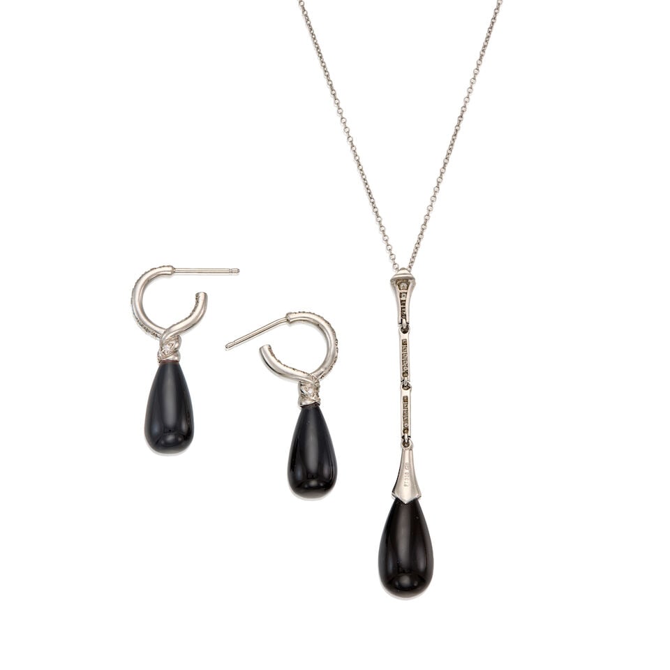 PLATINUM, ONYX, AND DIAMOND PENDANT NECKLACE AND EARRINGS - 2