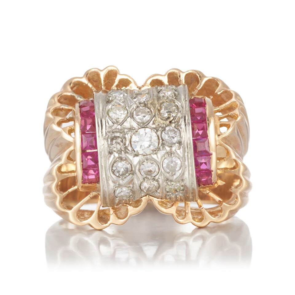 BICOLORED GOLD, SYNTHETIC RUBY, AND DIAMOND RING (1 of 2)