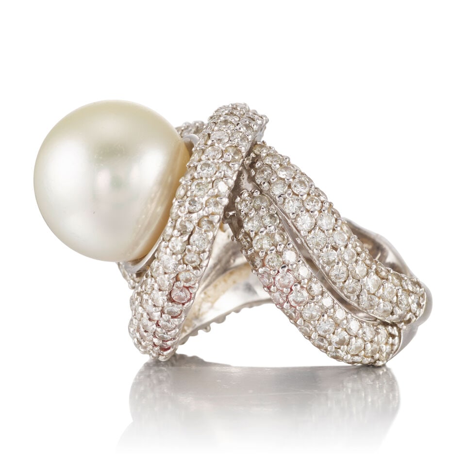 14K WHITE GOLD, CULTURED PEARL, AND DIAMOND RING - 2