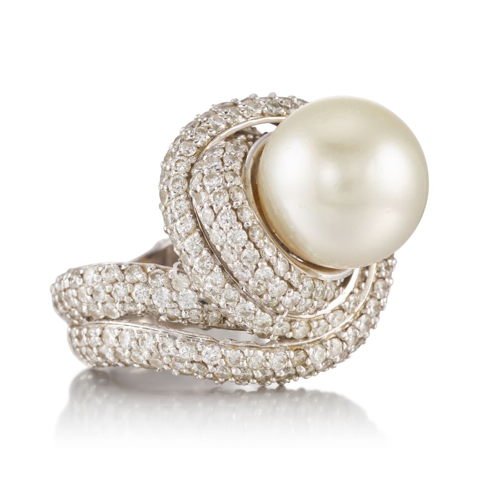 14K WHITE GOLD, CULTURED PEARL, AND DIAMOND RING - 3