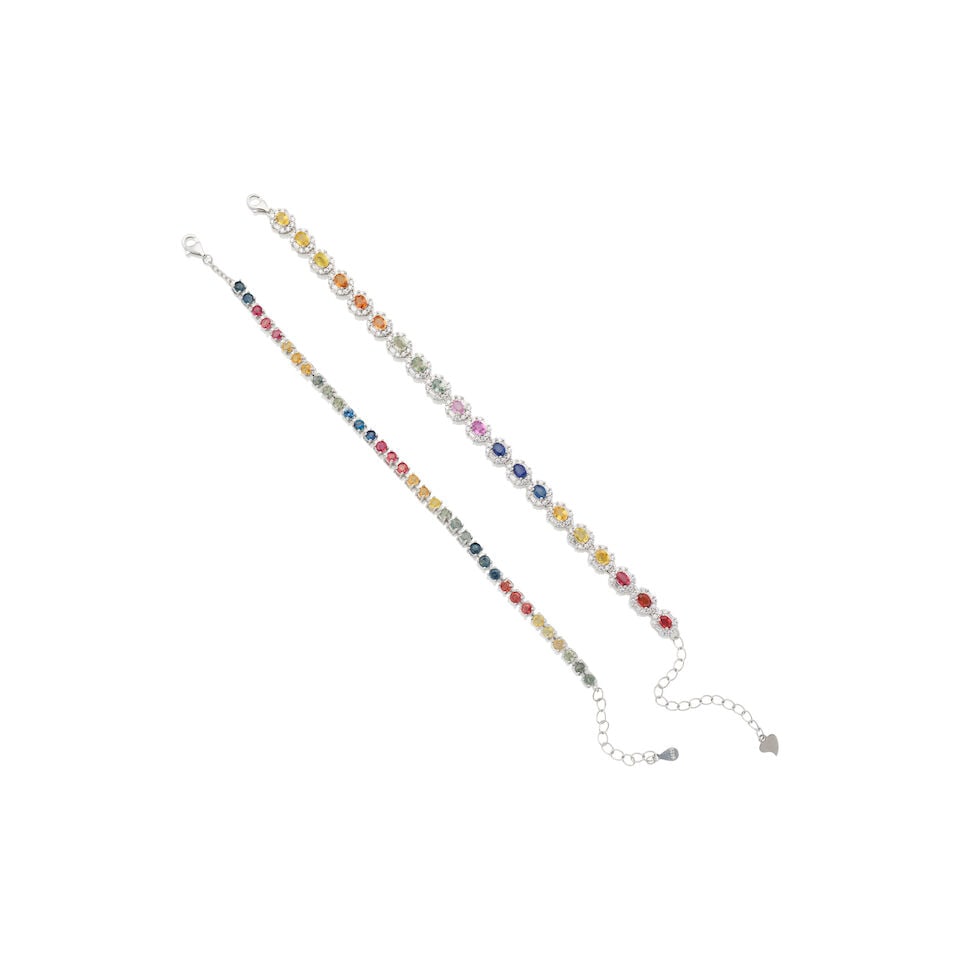 TWO SAPPHIRE BRACELETS: TWO SAPPHIRE BRACELETS 1. Sapphire line bracelet - 35 round-cut multicolour sapphires, each measuring approximately 3.0mm - Pear-shaped end tag stamped S925; estimated gross weight approximately: