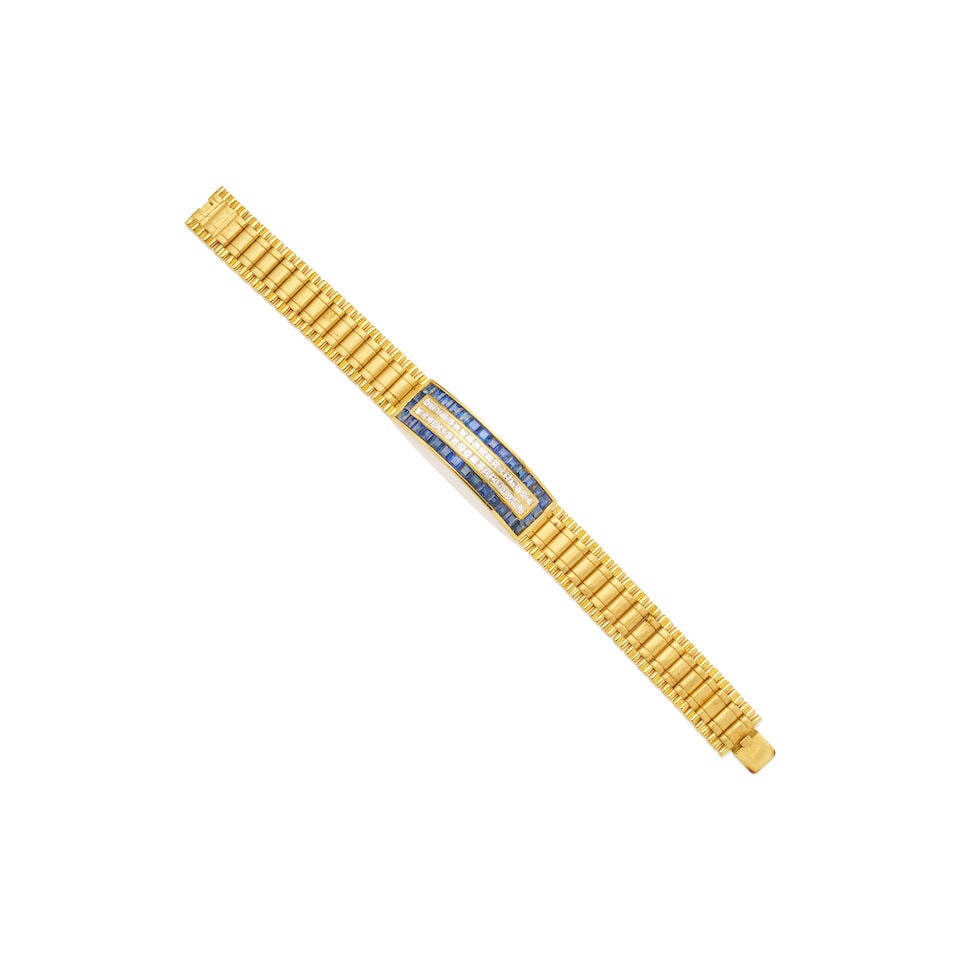 SAPPHIRE AND DIAMOND BRACELET: SAPPHIRE AND DIAMOND BRACELET - Polished and matte finish brick-link yellow gold bracelet - Channel-set carre-cut blue sapphires, totalling approximately 5ct and carre-cut diamonds totalling