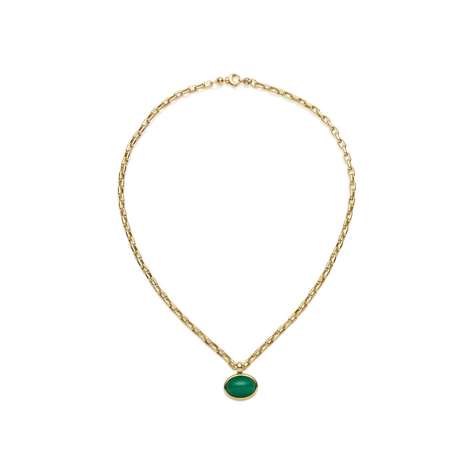 GOLD NECKLACE AND CHRYSOPRASE PENDANT: GOLD NECKLACE AND CHRYSOPRASE PENDANT The rectangular link necklace suspending a bezel set chrysoprase cabochon measuring approximately 13.20 x 18.25 x 6.65mm, stamped 750, Italian registry mark,