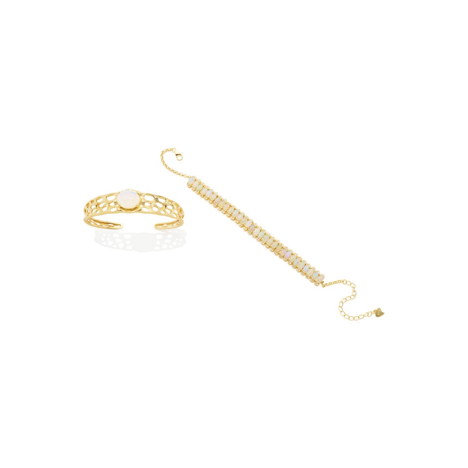 SILVER GILT OPAL BANGLE AND BRACELET: SILVER GILT OPAL BANGLE AND BRACELET 1. Opal bangle - Oval cabochon opal measuring approximately 12.0 x 9.9 x 4.8mm - Stamped S925; estimated gross weight approximately: 11.4gm; inner circumference