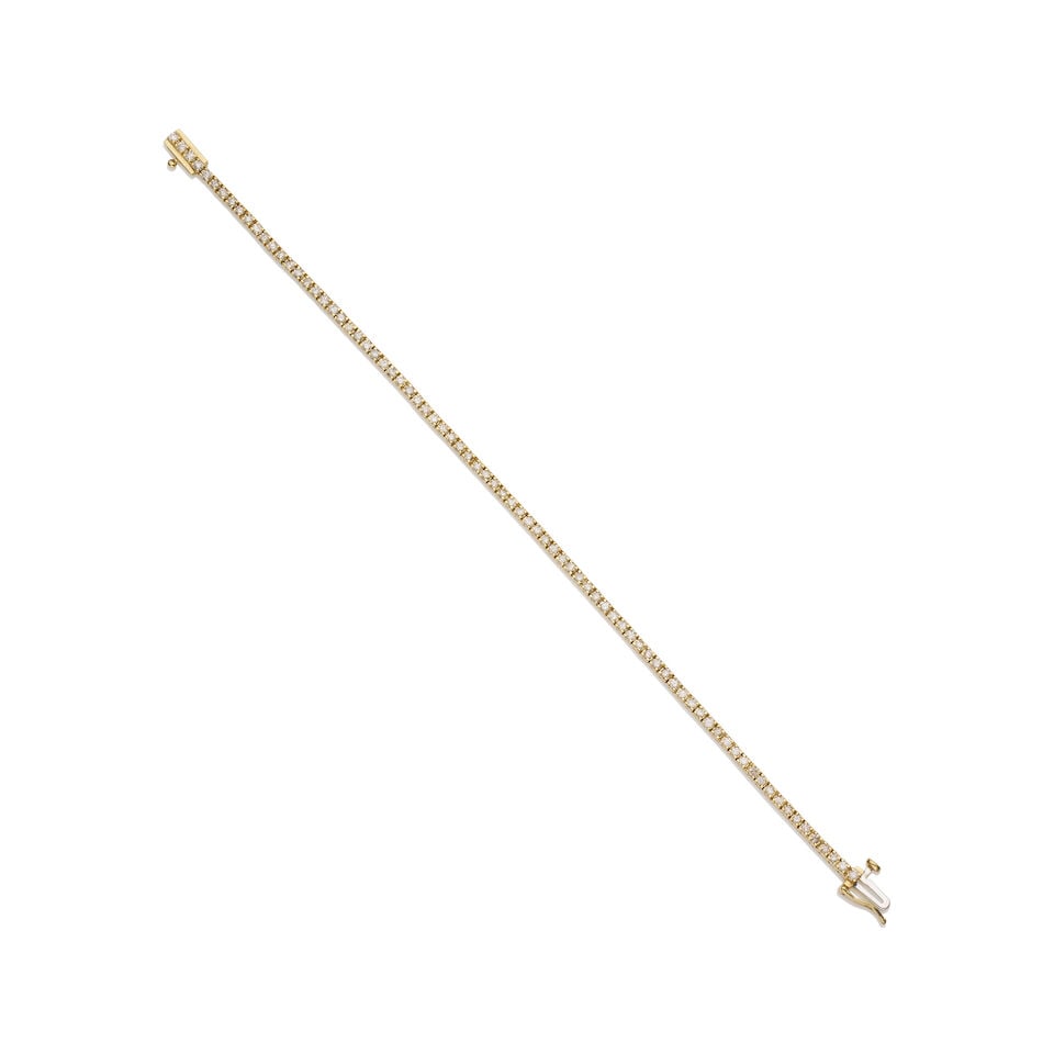 DIAMOND BRACELET: DIAMOND BRACELET Designed as a row of round brilliant-cut diamonds, estimated total diamond weight 2.00carats, stamped MHJ 10ct, mounted in yellow gold, weight 7.7gm, length