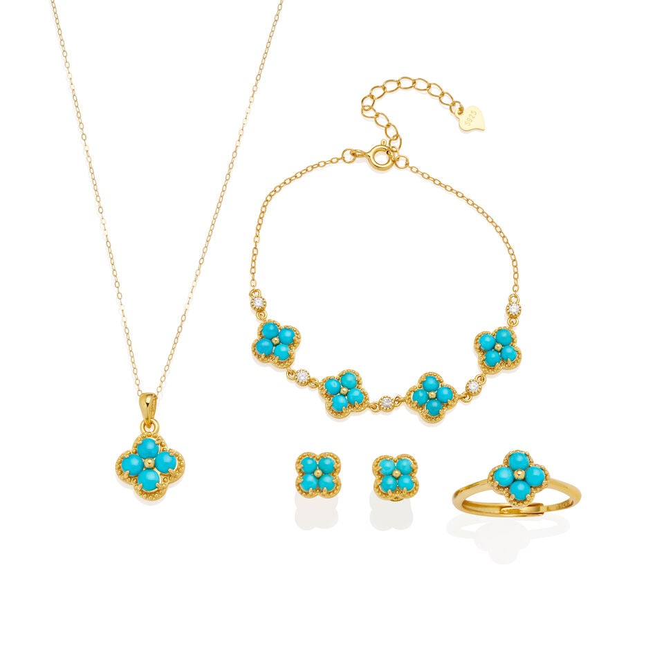 SILVER GILT AND TURQUOISE SUITE: SILVER GILT AND TURQUOISE SUITE 1. Silver gilt turquoise ring - 4 round turquoise cabochons, each measuring approximately 3.1mm in diameter - Stamped S925; estimated gross weight approximately: 2.1gm;