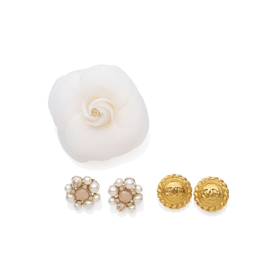 CHANEL | GROUP OF ACCESSORIES (3): CHANEL | GROUP OF ACCESSORIES 1. Pair of gilt metal CC earclips, condition Grade A, Diameter 2.7cm, Accompanied by box. 2. Pair of simulated Pearl earclips, flower-head design centred with pink gripoi