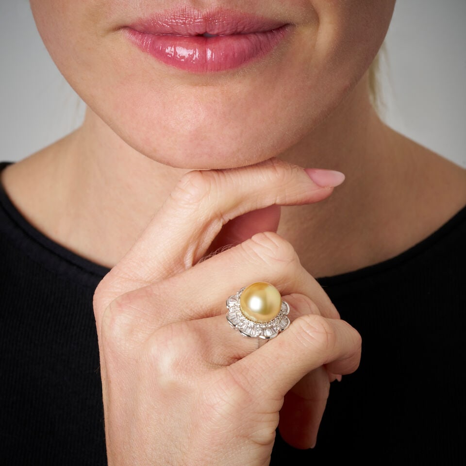 GOLDEN PEARL AND DIAMOND RING - 2