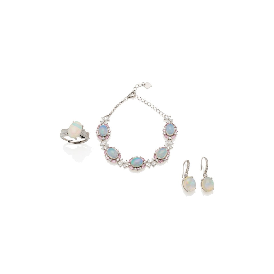 OPAL EARRINGS, RING AND BRACELET SUITE: OPAL EARRINGS, RING AND BRACELET SUITE 1. Pair of opal drop earrings - Oval cabochon opals, each measuring approximately 10.8 x 8.9 x 5.8mm - Round-cut white accent crystals - Stamped S925; estimated 