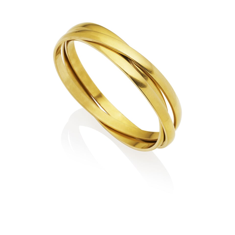 TRIO OF 18CT YELLOW GOLD BANGLES: TRIO OF 18CT YELLOW GOLD BANGLES Each polished yellow gold, XRF tested as 18ct gold, gross weigh 107.7gm, diameter 7.2cm, inner circumference approx. 20.0cm. Footnotes: Overall condition is good. XRF