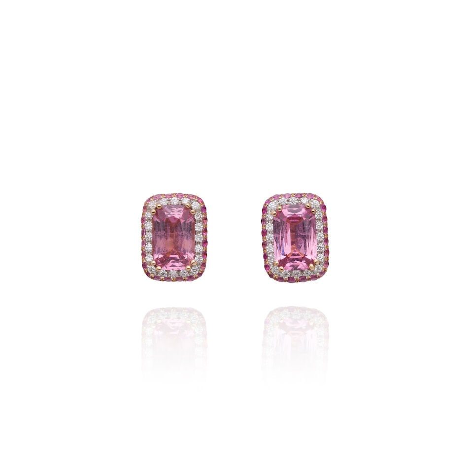PINK SPINEL AND DIAMOND STUD EARRINGS: PINK SPINEL AND DIAMOND STUD EARRINGS - Cushion-cut pink spinel - Surrounded by halos of circular-cut diamond and pink spinel - Stamped 750 - Gross weight approximately 4.2gm - Measuring 11.7 x