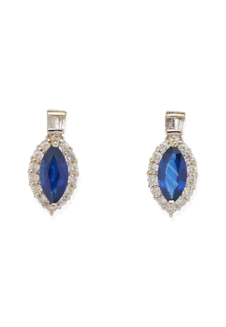 SAPPHIRE AND DIAMOND EARRINGS: SAPPHIRE AND DIAMOND EARRINGS - Two marquise-cut sapphires, estimated total weight 2.00ct. - Each with two baguette and 14 brilliant-cut diamonds. - Gross weight 3.8gm, length