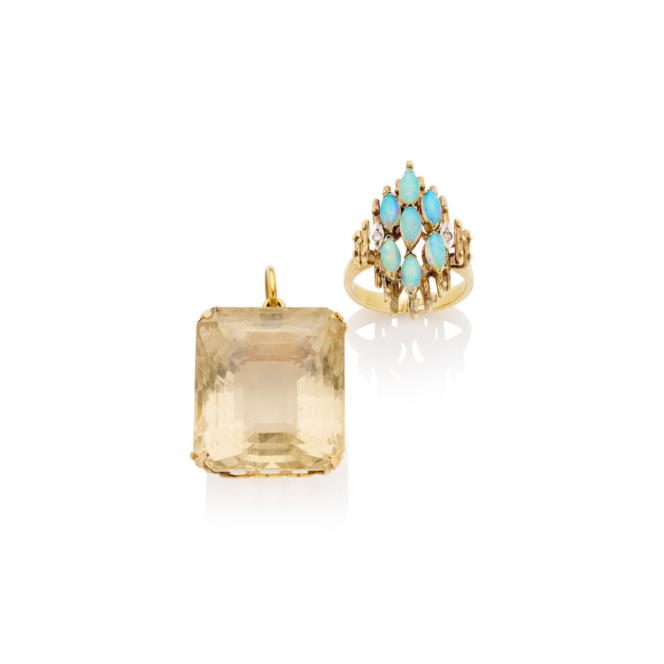 GEM-SET RING AND PENDANT: GEM-SET RING AND PENDANT 1. Opal ring - designed as a cluster of seven marquise shaped opal, accented by two round brilliant-cut diamonds to a textured gold mount, stamped 14ct, weight 6.0gm, ring